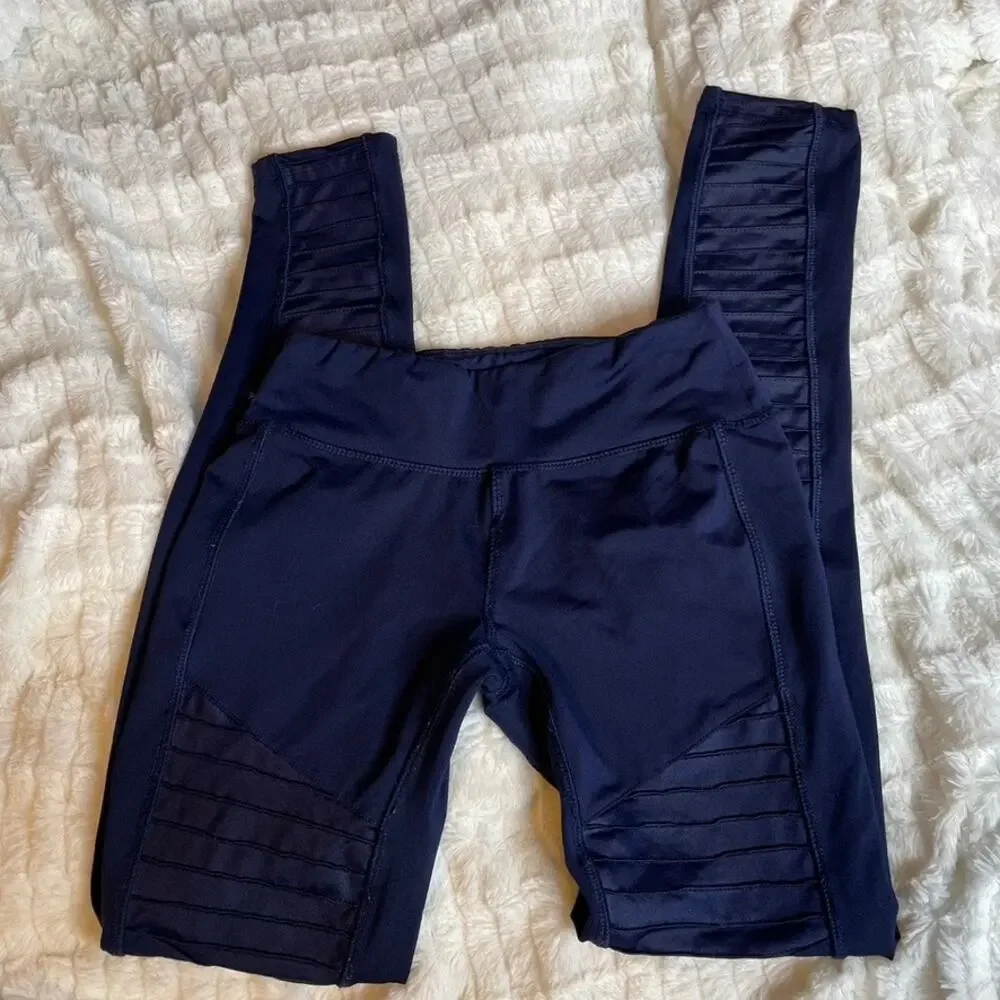 Electric Yoga Navy Blue Moto Leggings Ribbed Mesh Panels‎ Small